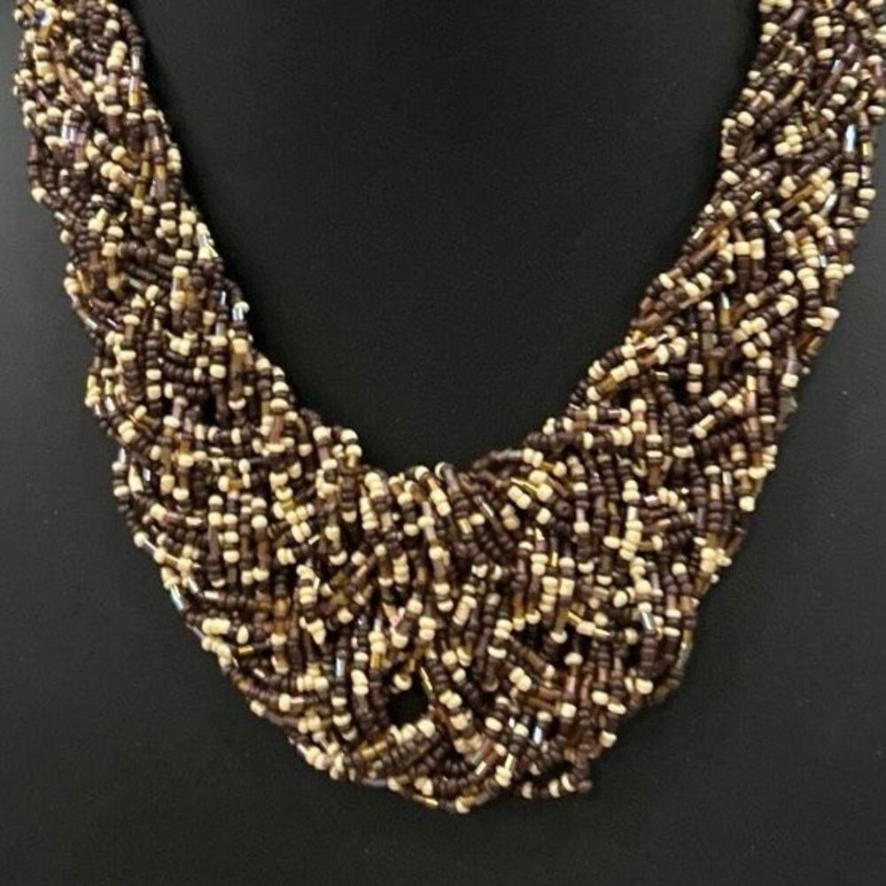 Vintage Woven Seed Bead Bib Necklace 16.5" Brown Beige Multi Inter-woven Strands - Picture 5 of 8